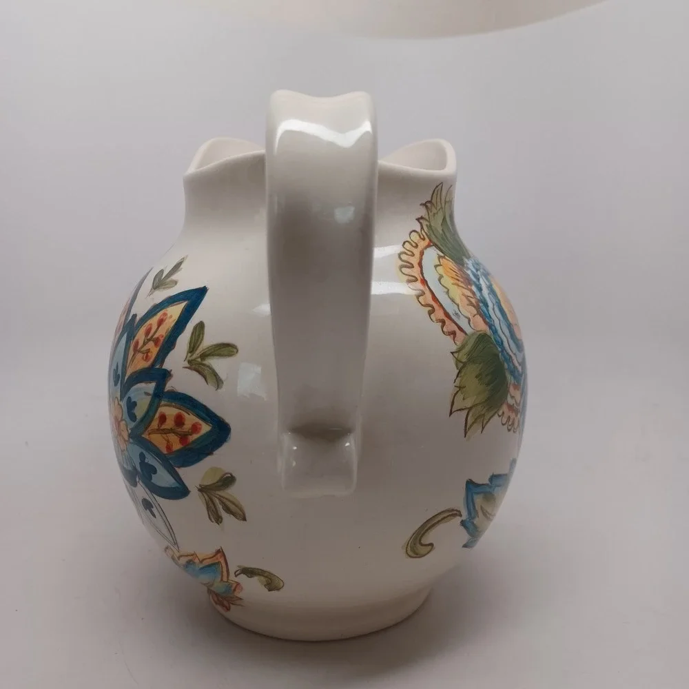 Maxcera Blue Vanilla Chintz Floral Ceramic Pitcher Hand Painted White Blue Green